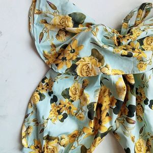 Blue Off Shoulder Crop Top With Yellow Floral Prin