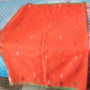 Soft Cotton Orange Thread Work Saree with फॉल