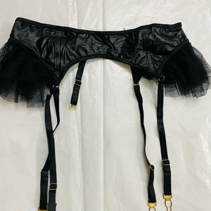 Women Black Faux Leather Lingerie Waist Belt