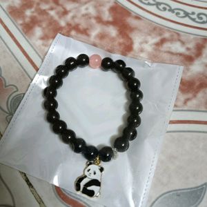 Black Bracelet One Pink Beads With Panda Charms