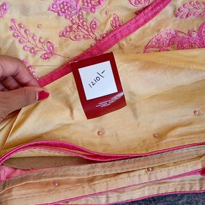 Beads Work Light Yellow And Pink Saree