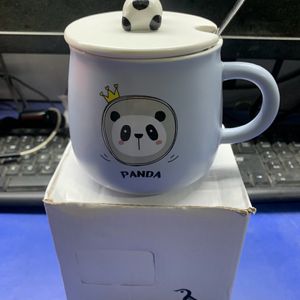 Ceramic Panda Mug & Lid And Stainless Steel Spoon