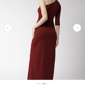 Maroon Solid One Shoulder Maxi Dress