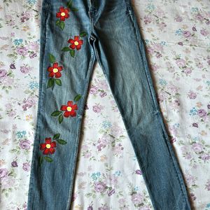 Zara Jeans With Handpainted Floral Design