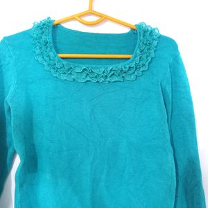 Floral Neck Design Blue Sweatshirt For Women.