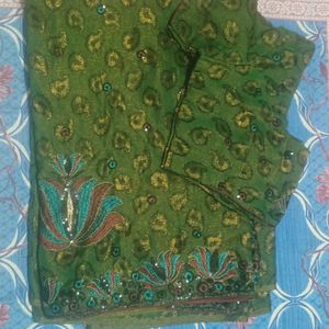 Bottle Green Saree With XXL Blouse