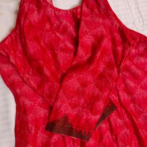 Women Red Tussar Silk Printed Kurta