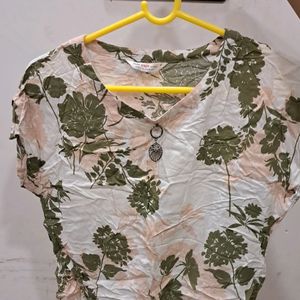 White TShirt Top With Cream And Olive Prints