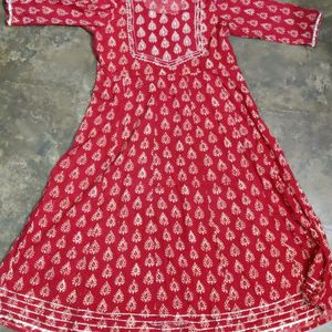 Red Printed Anarkali Cotton Kurta With Pants 500rs