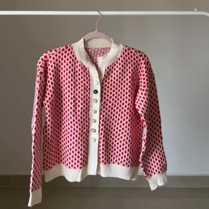 Plaid O neck Red chunky cardigan