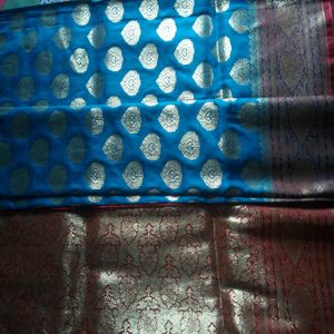 Blue & Red Katan Benarasi Heavy Saree