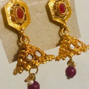 New Ruby Polka Drop Golden Earrings