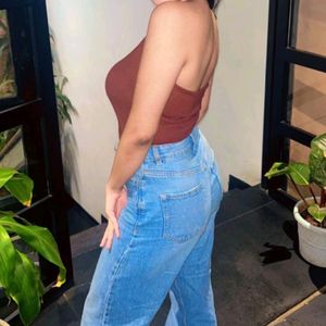 Brown Halter Neck Backless Crop Top