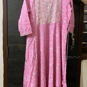 Pink Cotton Anarkali Set With White Pant Palazo