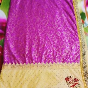 Beautiful Purple And Golden Malai Silk Saree