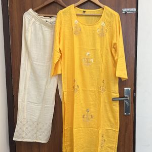 Hand Embroidery Yellow Kurta With Palazzo