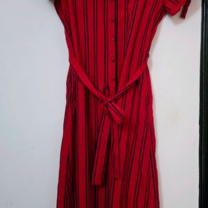 Red Stripe Long Short Dress Along With Fabric Belt