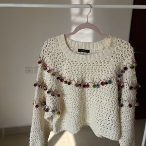 ZARA Wool Blend Open Knit Pom-Pom Cropped Sweater