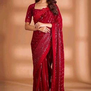 Red Georgette Sequence Saree