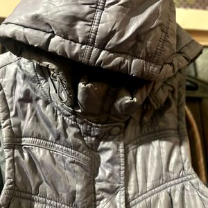 Grey Shiny Puffer Vest Half Jacket With Hoodie