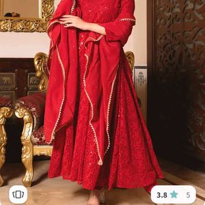 Red Chikankari Anarkali Kurta Set