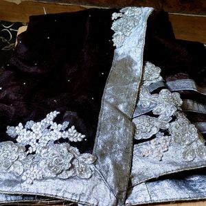 Chocolate Brown Saree With Silver Embroidery