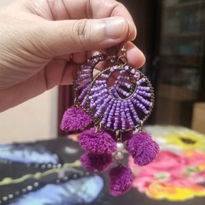 Purple Color Beaded Earings With Pompoms