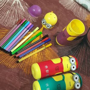 Pack Of 3 Multicolor Minions With 12 Sketch Pens