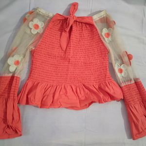 Ruffle Net Top Coral Colour