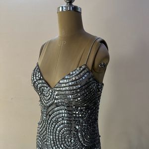 Silver Square Sequins Heavy Embellished Slit Dress