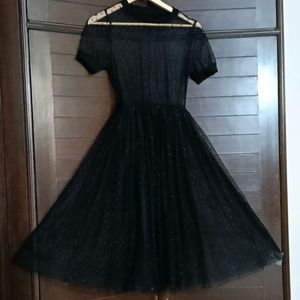 Women Black Polka Dot Transparent Flare Dress