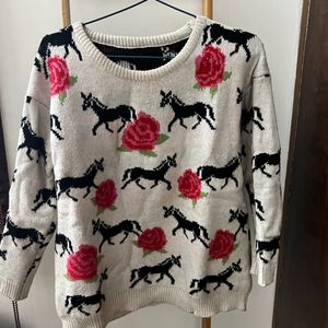 Horse And Rose Design Sweater