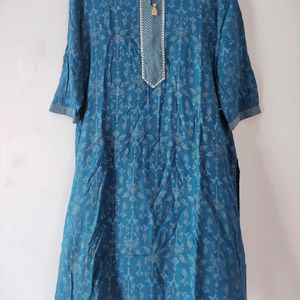 Blue Cotton Printed Kurta For Women