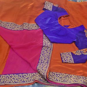 Pure Chiffon Half N Haf Saree Pink Orang Wit Blous