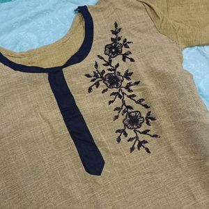 Olive Green Cotton Kurti With Black Beads