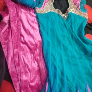 Anarkali Suit With Velvet Leggings And net Dupatta