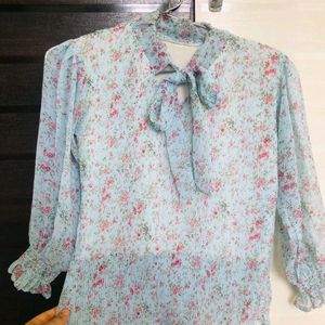 Korean Pastel Blue Floral Top