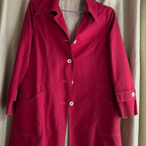 Red Mid Length Trench Coat With Pockets