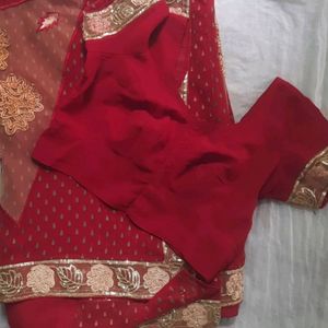 Red Block Buti Saree With Net And Siquence Border