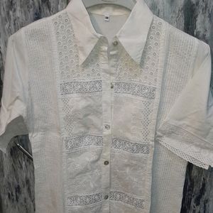 White Colored Shirt With Net Work On Front Sleeves