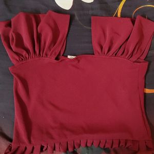 Maroon Crop Top With Ruched Sleeve