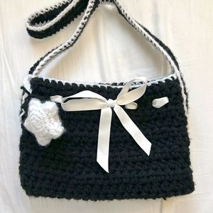 Crochet White Ribbon Black Sling Bag