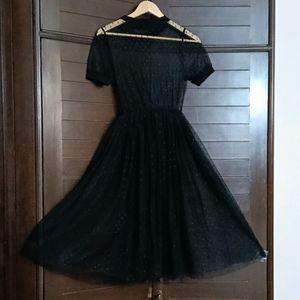 Women Black Polka Dot Transparent Flare Dress