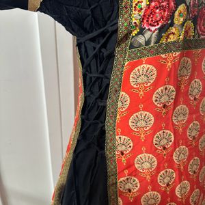 Black & Multicolour Print Anarkali With Dupatta