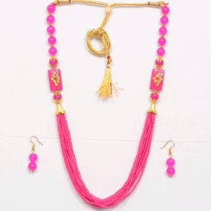 Pink Necklace With Earrings.        Jaipurjewelry, Kundanjewelry, Chokerset, Necklace, Women, Beauty, Forever 21, Chain, Earrings, Shein, Biba, Western, Ethnic Beadsnecklace, Peacockjewellery,