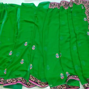 Beautiful Green Saree With Heavy Lace And Blouse