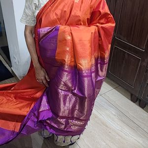 Reddish Orange With Purple Silk Saree