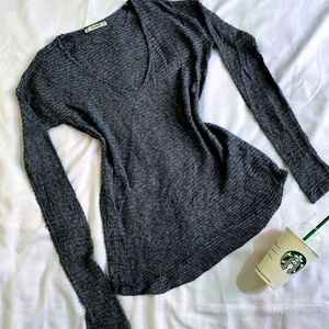 Korean Crochet V Neck Knit Grey Pullover Top