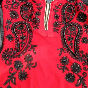 Red And Black Long Straight Embroidered Kurta