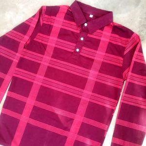 Mens Checked Maroon Cotton Full Sleeves T-shirt